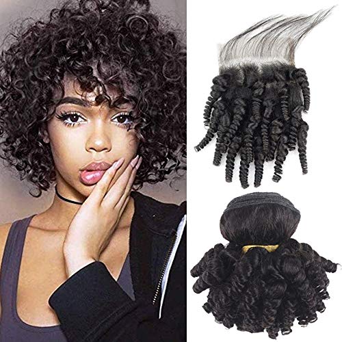 Brazilian Virgin Hair Funmi Human Hair Bundles With Closure Aunty Bouncy Curl Hair Afro Kinky Curly Hair Weave Short Bob Hairstyles Spring curls Hair Extensions black (8 10 12+10inch Closure)