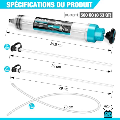 DURATECH Oil Syringe 500 ml, Engine Oil Extraction, Gearbox Oil Syringe with Extension Tube, Manual Suction and Filling of Fuel and Liquid