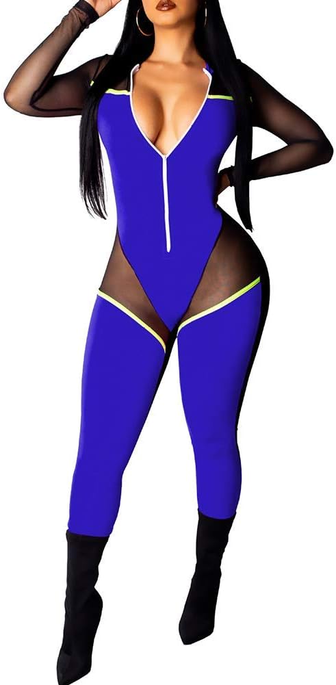 OLUOLIN Women Sexy Color Block See Through Long Sleeve Deep V Neck Mesh Stripe Printed Zip Up Bodycon Romper Jumpsuits