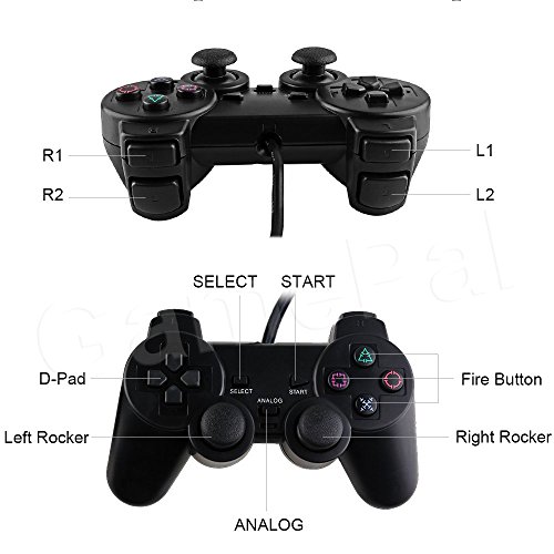 PlayStation 2 Controller, GamePal Double Shock Gamepad for Sony PS2, Wired (Black)