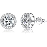 SLUYNZ Sterling Silver Round Halo CZ Stud Earrings for Women Teen Girls Simulated Diamond Earrings Studs 7MM/8MM/9MM