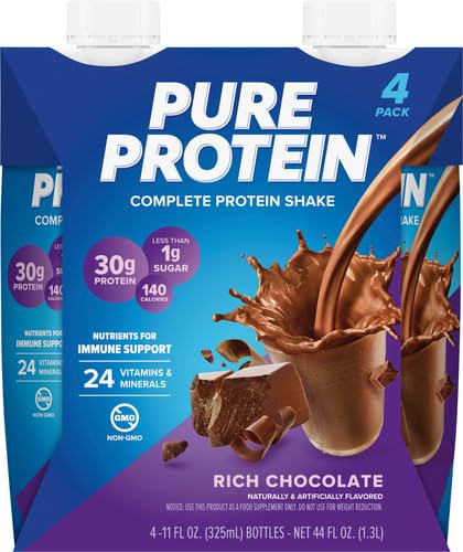 PURE PROTEIN CHOCOLATE PROTEIN SHAKE | 30G COMPLETE PROTEIN | READY TO DRINK AND KETO-FRIENDLY | VITAMINS A, C, D, AND E PLUS ZINC TO SUPPORT IMMUNE HEALTH | 11 FL OZ (PACK OF 4)