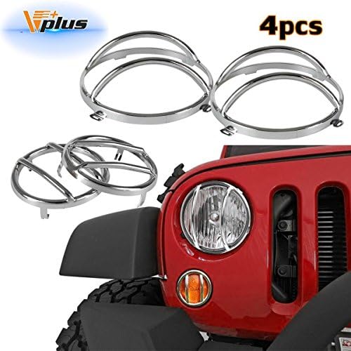 Vplus Chrome Stainless Steel Headlight & Front Signal Guard Covers Protectors Kit Replacement for Jeep Wrangler JK Rubicon Sahara Sport 2/4 Door 2007-2018 (4PCS/Set)