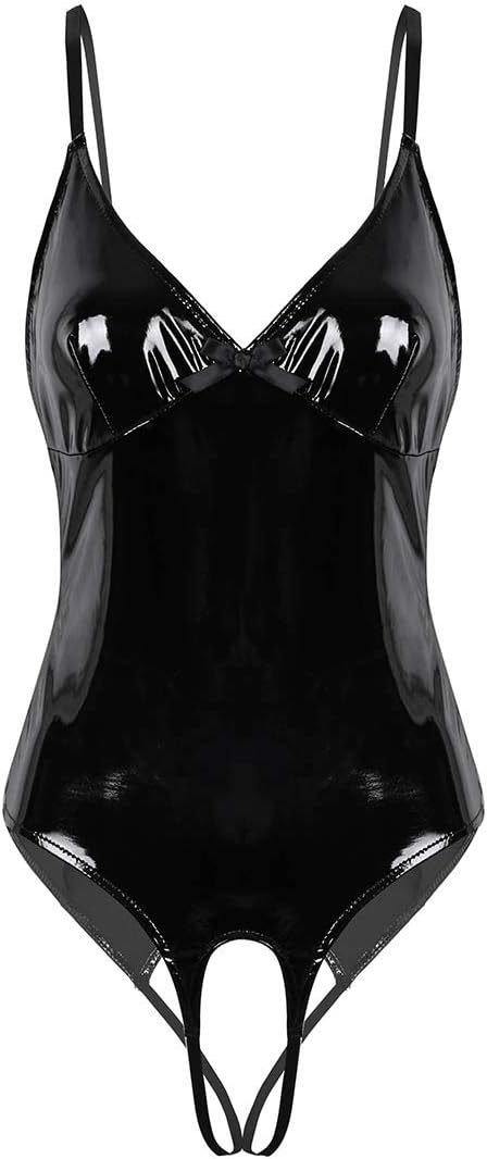 iEFiEL Women's Sexy Wet Look Leather Teddy Bodysuit One Piece Lingerie Nighties