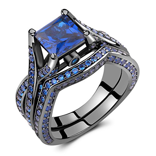 Caperci black sterling silver 925 princess-cut created blue sapph…