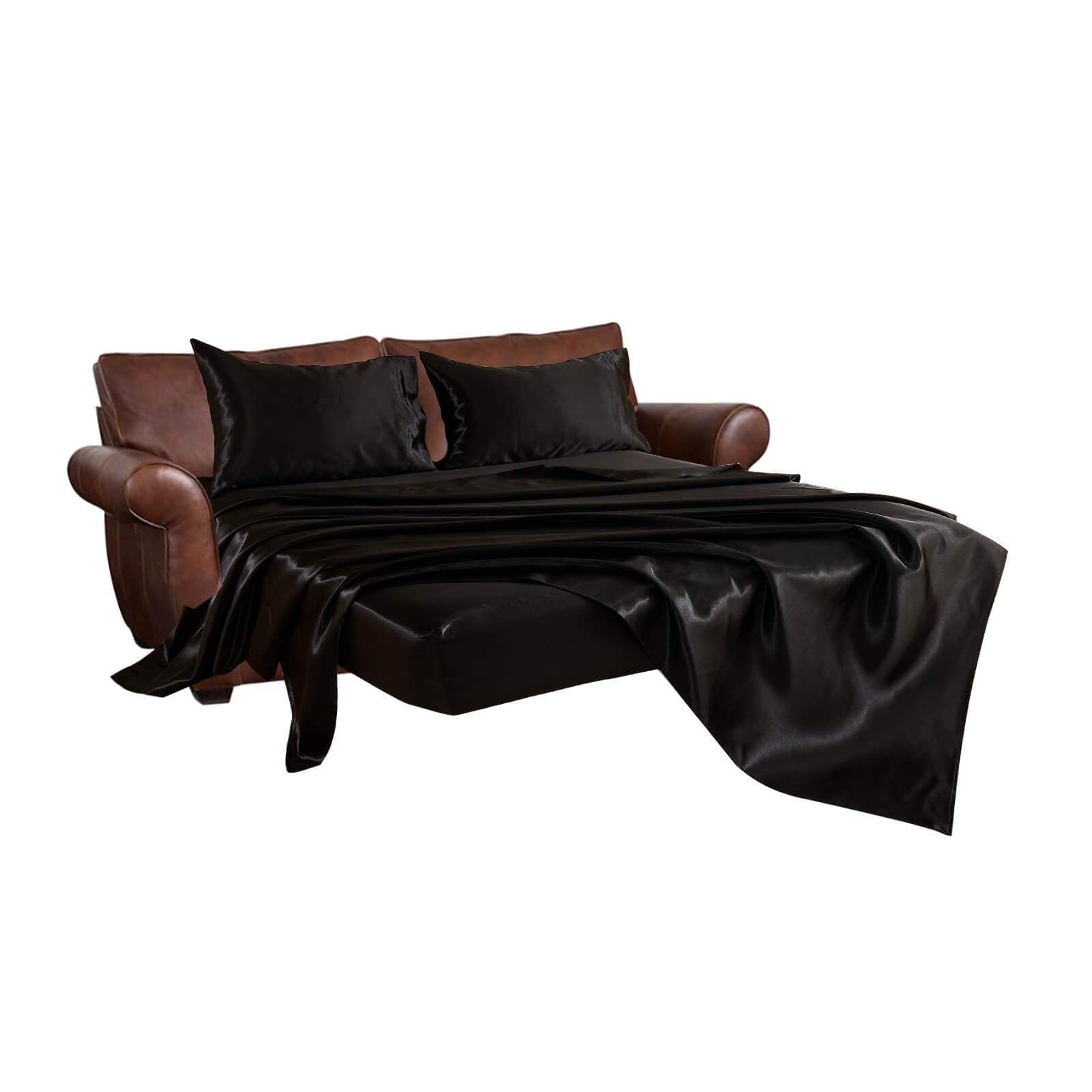 Photo 1 of Kingnex Satin Queen Sleeper Sofa Bed Sheets for Pull Out Sofa Bed Soft Smooth Silky Satin 4 Piece Bedding Sheet & Pillowcase Set (60"x74"x6") Black