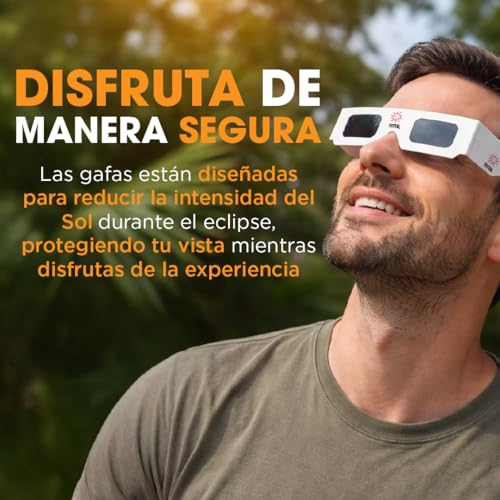 Tottal Gafas Eclipse Solar Homologadas ISO 12312-2 Agosto 2026 Gafas Protección Certificadas CE + Filtro Seguro UV/IR Ligeras + Cómodas + Fácil de Usar Glasses