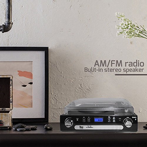DIGITNOW-VinylLP-Turntable-Record-Player-with-BluetoothAMFM-Radio-Cassette-Tape-Aux-in-USBSD-Encoding-Playing-MP3-Built-In-Stereo-Speakers-35mm-Headphone-jack-Remote-and-LCD
