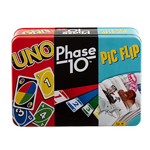 Mattel Games GWP96 - UNO, Phase 10 und Pic Flip-Sammeldose, 3 Mattel-Kartenspiele für Spieler ab 7 Jahren, Dekorative…