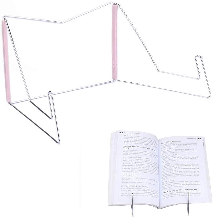 Book Stands,Fold-n-Stow Metal Bookstand,Music Book Easel Display Holder,Adjustable Reading Stand,Small Book Rest for Kitchen Counertops,Bookrest for Hardcover Textbook,Ipad,Cookbook,Recipe (Pink)