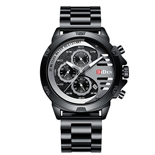 Mens Watches,Elegant Business Style Casual Sport Wrist Watch with Calendar Multifunctional Stainless Steel Chronograph Watch (Black)
