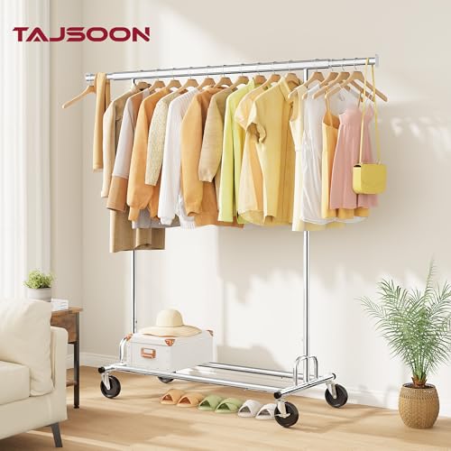 Tajsoon Clothing Rack Heavy Duty Clothes Rack Load 350 LBS, Rolling Clothes Racks for Hanging Clothes with Wheels & Extendable Rod, Collapsible Garment Rack with Bottom Shelf, Commercial, Chrome