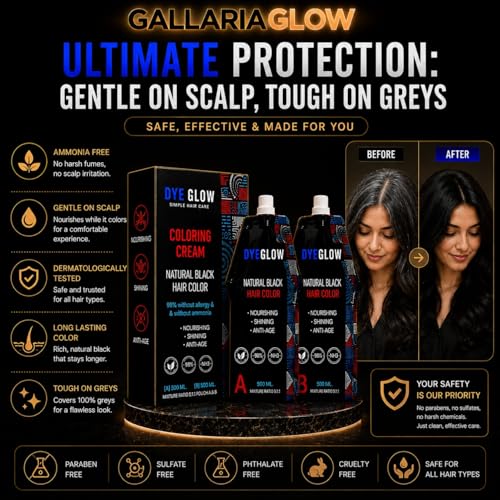 GALLARIAGLOW DyeGlow Hair Color Cream – Natural Black | Ammonia-Free & Non-Allergic Hair Dye | Nourishing & Anti-Aging Formula | 1000ml (500ml + 500ml)