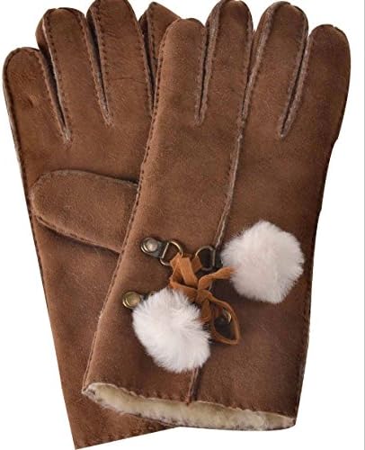 LANTINA Women's Rugged Merino wool Sheepskin Gloves Lovely fox little hair ball DRIVING good gift- camel -7”/M