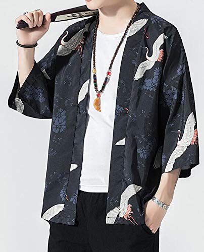 Hotmiss Men's Kimono Cardigan Jacket Japanese Style Flying Crane Seven Sleeves Open Front Coat (Navy Crane, Large)