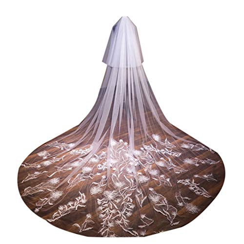 Sijux Bridal Wedding Veil 2T Trailing Elegant Applique Cathedral Veil Long Cut Edge with Comb White 350CM - Thumbnail 4