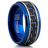 Men's Brushed Blue Titanium Wedding Bands Ring With Black and Blue Carbon Fiber Inlay, 9mm Comfort Fit