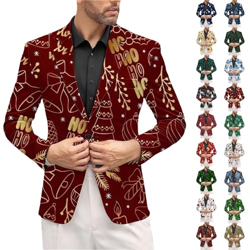 Christmas Suit for Men Slim Fit Single Button Lapel Blazer Funny Xmas Printed Long Sleeve Jackets Festive Holiday Party Outfits