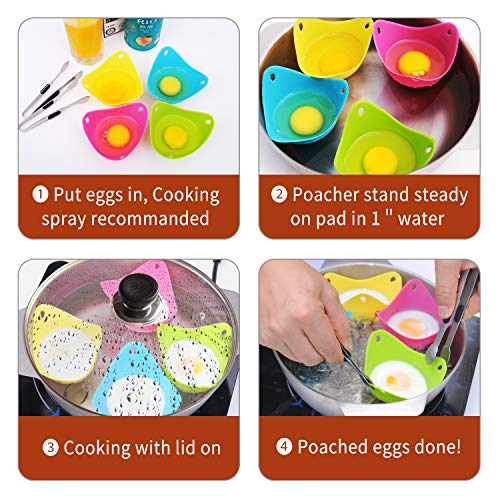 4 Pcs Silicone Egg Poacher Silicone Egg Poaching Cups with For Microwave or Stovetop Egg Cooking Kraft Box Packing Poaches Eggs To Perfection Without the Stress or Mess with 2 Pcs Sugar Cube tongs - Thumbnail 3