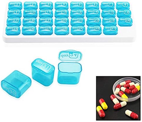 Alwayswe 31 Day Pill Storage Box,31 Day Monthly Pill Organiser Tablet Medicine Storage Dispenser Lid Box Holder