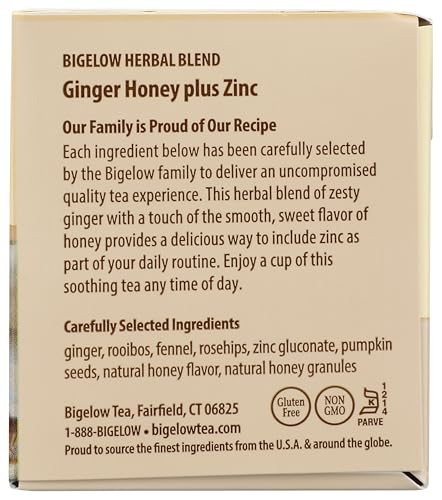 BIGELOW TEA, GINGER HONEY PLUS ZINC (CAFFEINE FREE), 18 COUNT