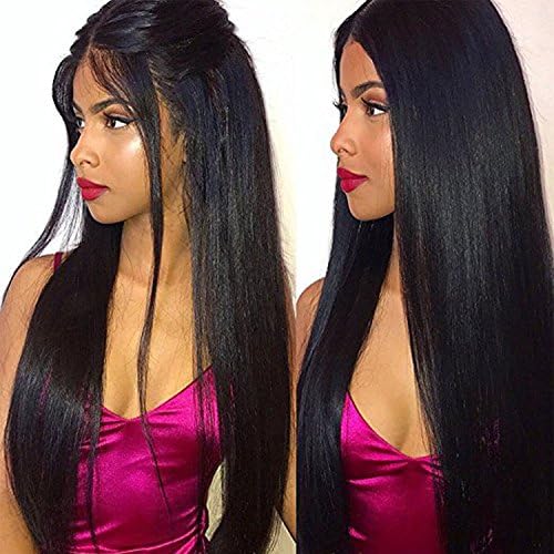 Natural Looking Yaki Lace Front Wigs Kinky Straight Synthetic Heat Resistant Yaki Hair Wigs with Baby Hair 200% Density #1B Color 24 Inch