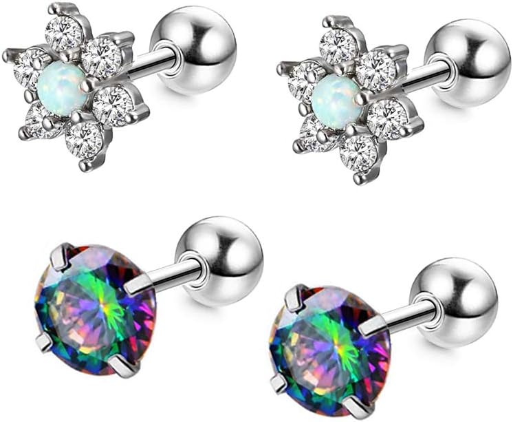 16g Tragus Surgical Stainless Steel Diamond Opal Cubic Zircon Studs Cartilage Earrings Helix Stud Body Piercing Jewelry 6mm Bar Set