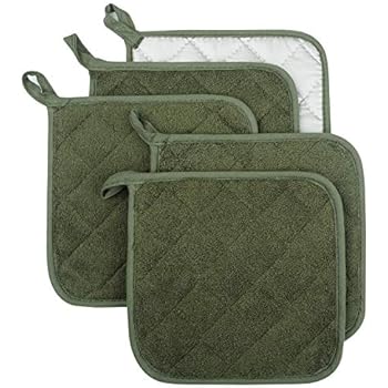 Lifaith 100% Cotton Kitchen Everyday Basic Terry Pot Holder Heat Resistant Coaster Potholder for Cooking and Baking Set of 5 Olive Green