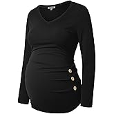 GINKANA Maternity Shirt Long Sleeve Basic Top Ruch Sides Buttons Tshirt for Pregnant