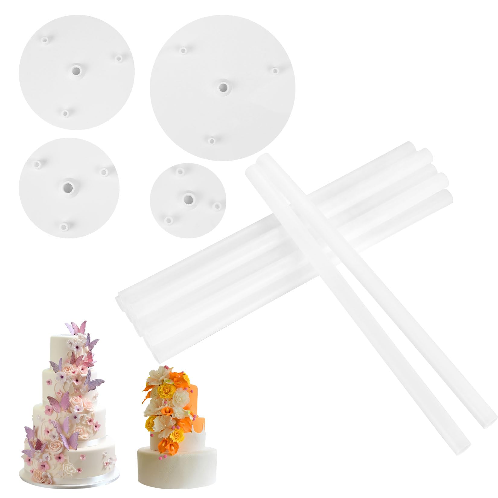 SZSLMY Cake Dowels Rods Set, 12 Support Rods & 4 Separator Plates, Cake Dowels for Tiered, Plastic Stand Sticks for Multi-Layer Construction Supporting - 4, 6, 8, 10 inch