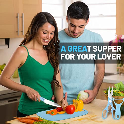 shijie Mini Travel Cutting Board Set, 4 Pcs Mini Camping Plastic Cutting Board & Knife, Fruits & Vegetable Peeler Scissors, Portable Stainless Steel Picnic Small Cutting Board Set (Blue) (4-1CB)