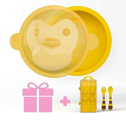 UNIH Baby Bowl and Spoon Set for Feeding Cartoon Monkey Baby Bowl with Lid Baby Fork and Baby Spoon Set with a Carry Case Baby Dinnerware Feeding Set, Perfect Baby Gift, BPA-Free(Yellow)