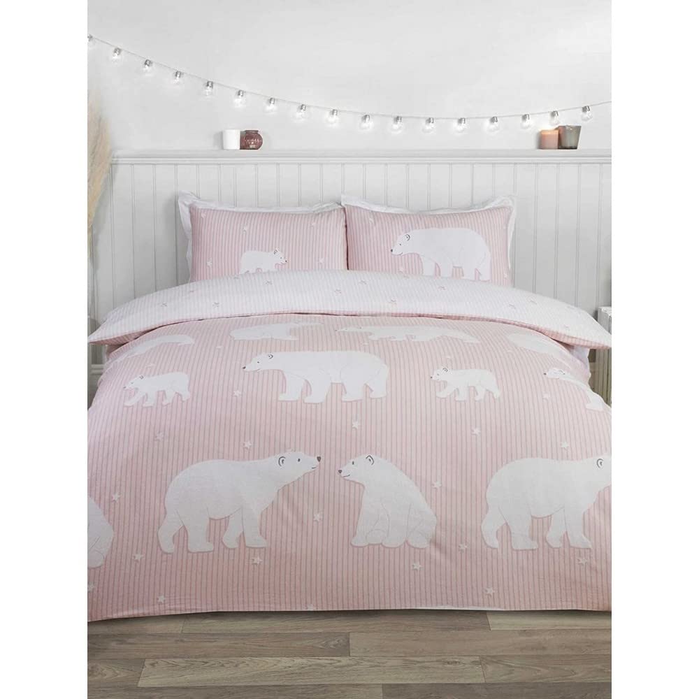 Rapport Polar Bear 100% Brushed Cotton Single Duvet Cover Set Reversible Bedding Blush, 124025838