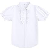 Girls Short Sleeve Button Down Shirts Ruffle School Uniform Crop Tops Peter Pan Collar Plaid Blouse 4-13Y