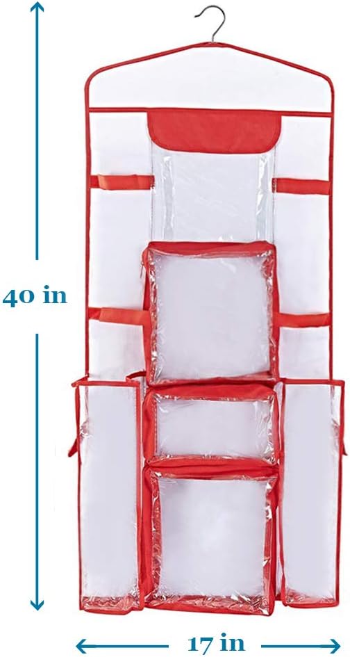 ProPik Hanging Double Sided Wrapping Paper Storage Organizer With Multiple Pockets Organize Your Gift Wrap, Gift Bags Bows Ribbons 40"X17" Fits 40 Inch Rolls Clear PVC Bag (Red): Home & Kitchen
