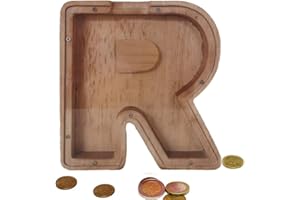 MOONASE Wooden Money Bank Personalized Letters Coin Bank Text Engraved Money Box Wooden Coin Bank ​Gift for Kids Christmas Birthday Gift Home Decoration (R)