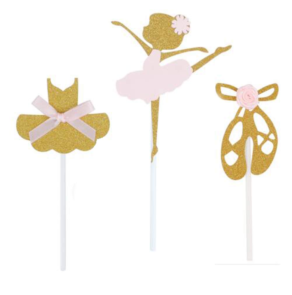 Photo 1 of 24 Pack of Glitter Gold Ballerina Ballet Slippers Tutu Dress Girls Skirt Cupcake Toppers for Birthday Party Baby Shower Wedding Party Decoration