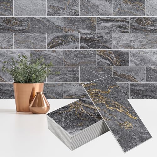 StyloVue 100 Pieces Peel and Stick Backsplash for Kitchen, 3" x 6" PVC Subway Tile 2026 Upgraded Gray-Gold Stone Backsplash Stick on Tile Elevate Kitchen Fireplace RV