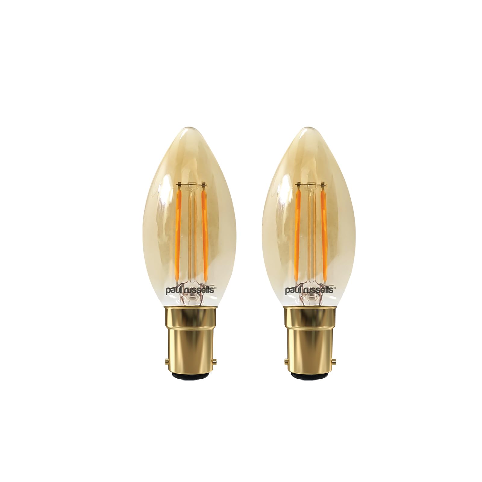 paul russells LED Candle Filament Light – 2.5W 20W Equivalent Replacement, 200LM Lumens, 2200K Extra Warm White, SBC B15 Small Bayonet Cap C35 Bulbs – Energy Saving Non-Dimmable Lamps - 2 Pack