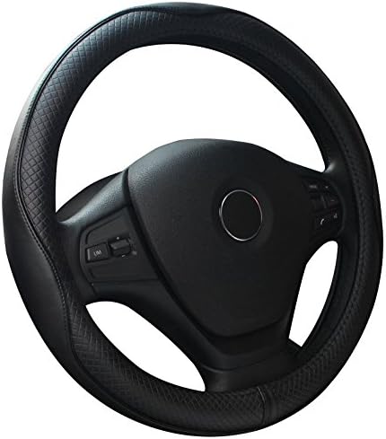 Premium Genuine Leather Steering Wheel Cover Universal 15 Inch - Anti-Slip Solid and Has Decent Traction Black