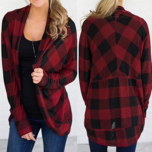 Tsmile Womens Cardigan Coat Clearance Autumn Long Jackets Irregular Lattice Print Ladies Outwear (Red, M)