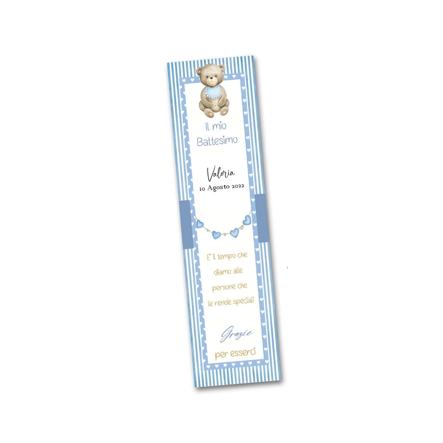30 Personalised Christening Party Book Marks, 40 x 150 cm, Printed on 300 g Card for Children, Ready to Use and Easy to Fill in (Blue Bear)