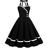 Women 50s 60s Vintage Sleeveless Polka Dot Cocktail Swing Dress Retro Audrey Hepburn Patchwork Midi Evening Rockabilly Dress