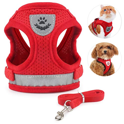 Idepet Cat Harness and Leash for Walking Adjustable Soft Mesh Vest Harnesses with Reflective Strap Metal Leash Ring Metal Clip for Small Medium Large Cats Pets Kitten Puppy Rabbit (S, Red)