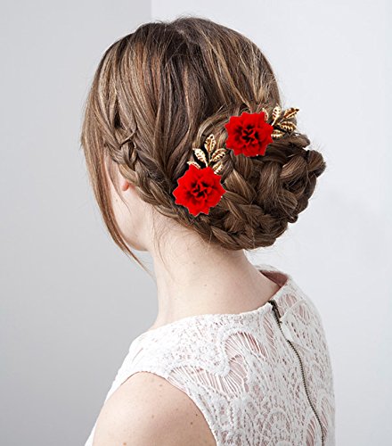 Flower head comb hair fork golden headdress red roses upscale bridal red leaf dish made hair accessories