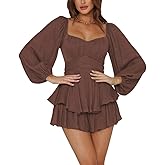 LYANER Women's Jumpsuit Lantern Long Sleeve Ruffle Layer Tie Mini Short Romper
