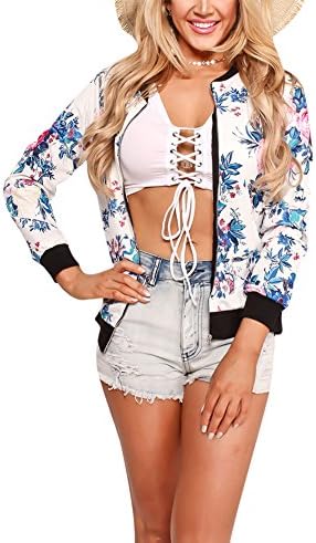 Vamvie Women's Casual Floral Print Long Sleeve Zip Up Baseball Bomber Jacket Coat,White,Small