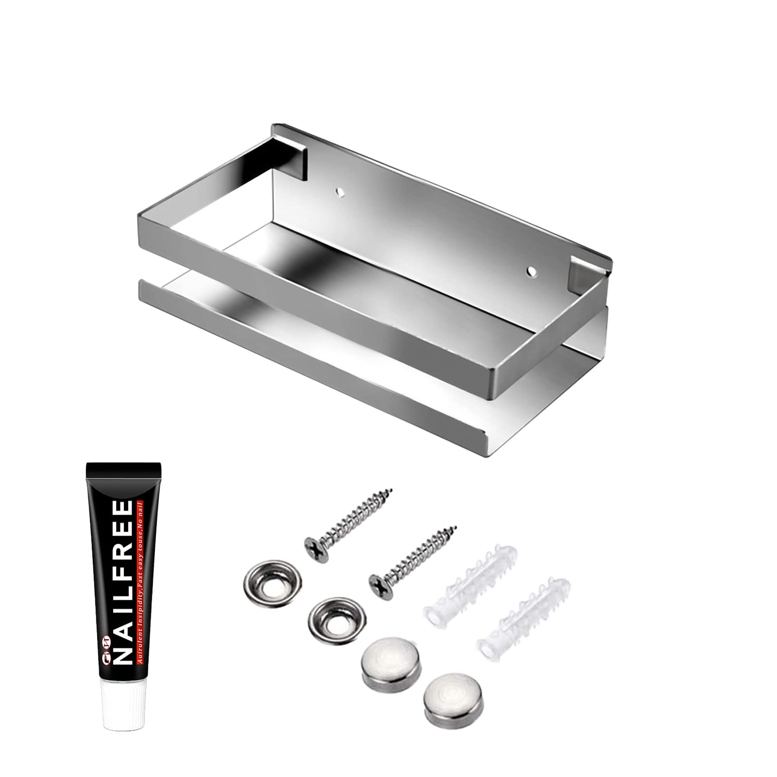 Rustproof Metal Storage Floating Shelf Wall Mounted Rectangular Shelf Bedroom, Bathroom, Living Room, Kitchen and Laundry Room, Nail Free Floating Shelf Wall Mounted Storage Shelf (20cm Silver)