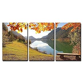 3 Piece Canvas Wall Art - Panoramic View to Idyllic Autumnal Lake Sylvenstein, Germany - Modern Home Art Stretched and Framed Ready to Hang - 16"x24"x3 Panels