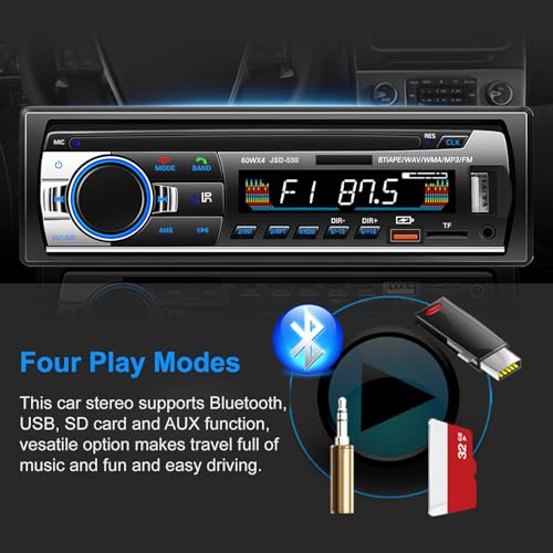 Car Radio Bluetooth 5.0, 4 x 60 W 1 DIN FM Car Radio with Hands-Free Function, Stereo Sound with Clock/Remote Control/Double USB/LCD Screen, Supports 2 USB/AUX/SD/TF/EQ/DSP